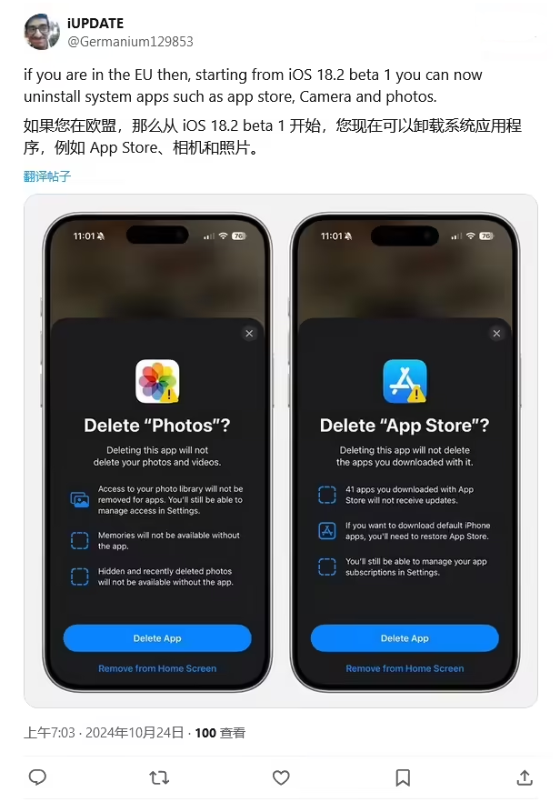 海曙苹果手机维修分享iOS 18.2 支持删除 App Store 应用商店 